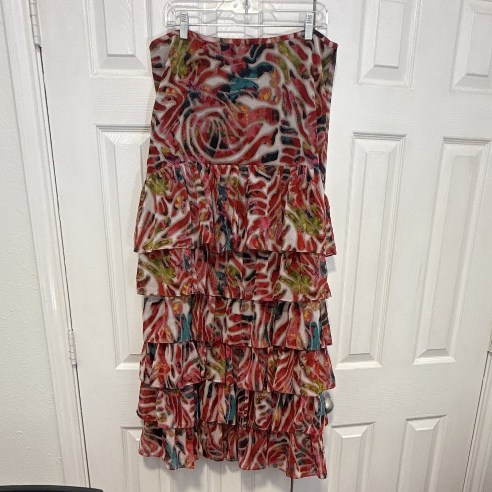 Tunique Women's Multicolor Abstract Tiered Ruffle Chiffon Long Skirt XL